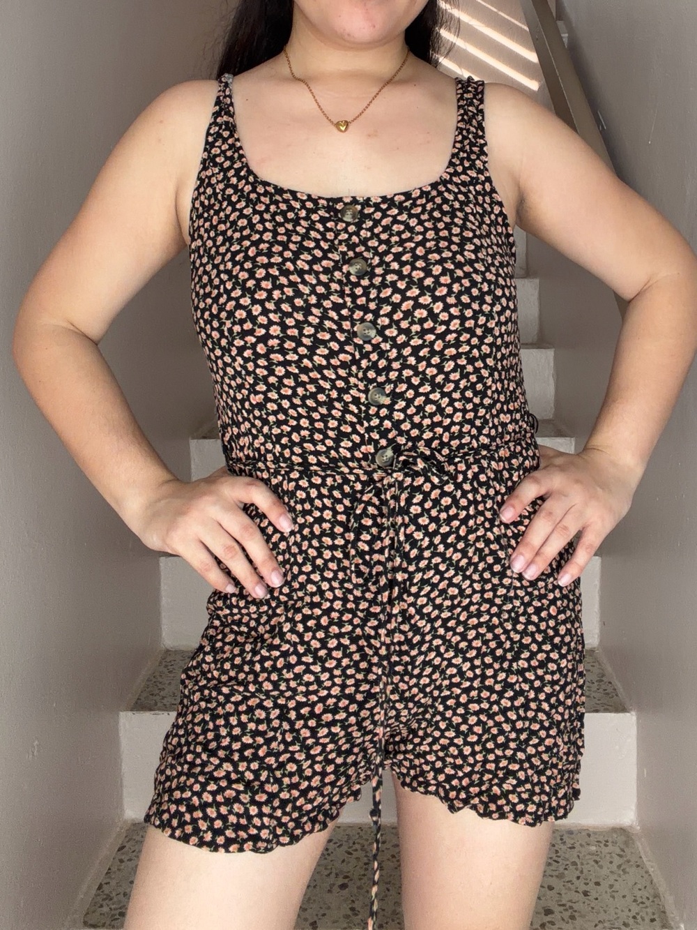American Eagle Outfitters Black Floral Button-Front Romper